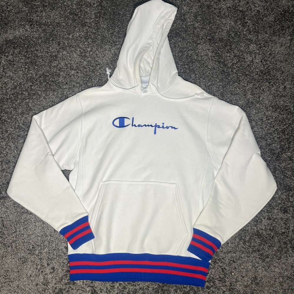 Champion Spell Out Stitched Logo Hooded Retro Pullover Sweatshirt Medium